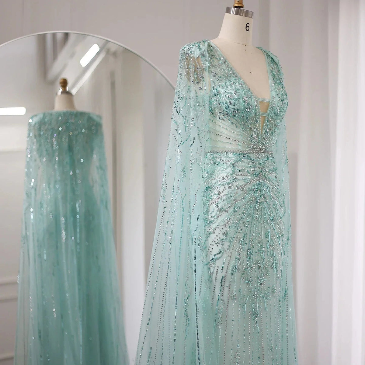 Luxury Dubai Turquoise Mermaid Evening Dresses with Cape V-Neck Arabic Silver Grey Wedding Formal Party Gowns SS397
