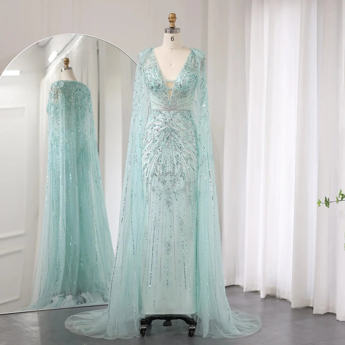Luxury Dubai Turquoise Mermaid Evening Dresses with Cape V-Neck Arabic Silver Grey Wedding Formal Party Gowns SS397