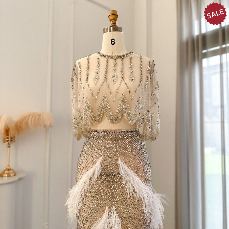 Luxury Dubai White Feathers Two Pieces Evening Dresses for Women Wedding Beaded Midi Short Prom Party Gowns SS363