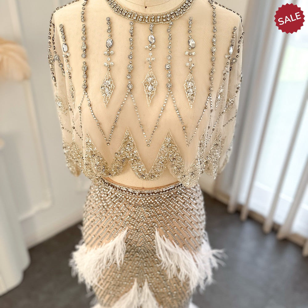Luxury Dubai White Feathers Two Pieces Evening Dresses for Women Wedding Beaded Midi Short Prom Party Gowns SS363
