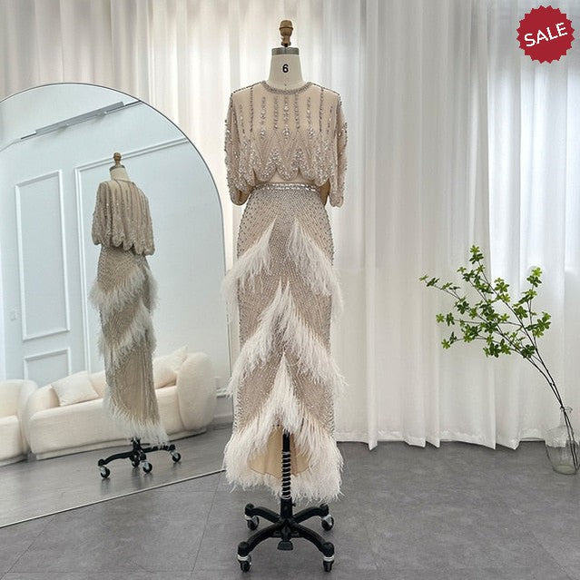 Luxury Dubai White Feathers Two Pieces Evening Dresses for Women Wedding Beaded Midi Short Prom Party Gowns SS363