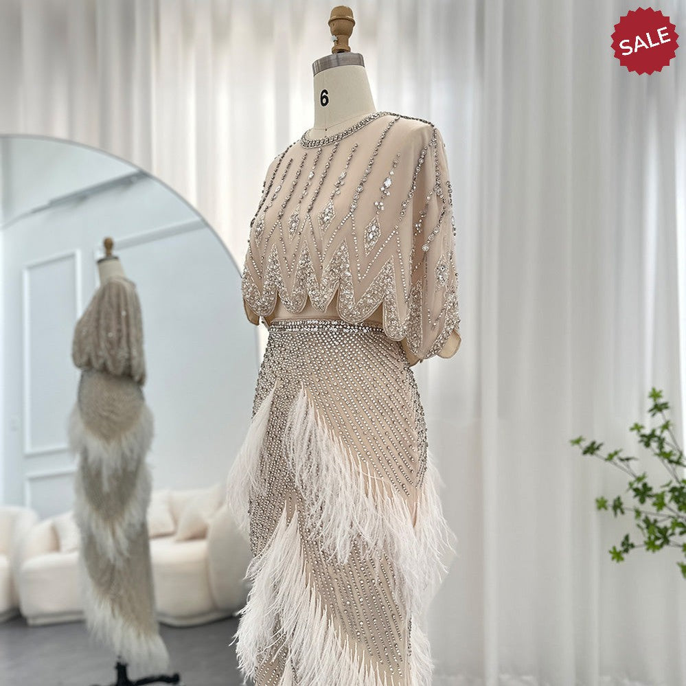 Luxury Dubai White Feathers Two Pieces Evening Dresses for Women Wedding Beaded Midi Short Prom Party Gowns SS363
