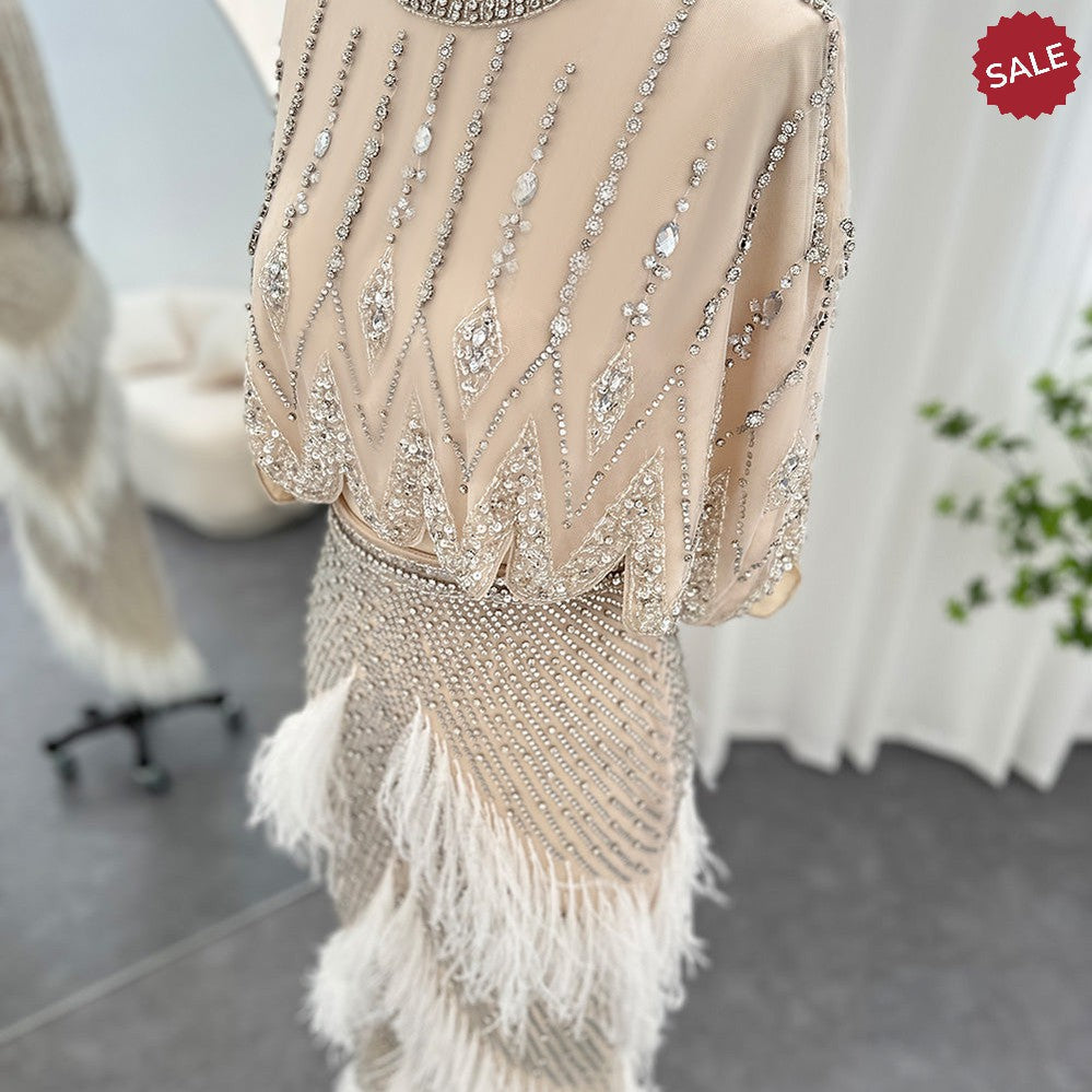 Luxury Dubai White Feathers Two Pieces Evening Dresses for Women Wedding Beaded Midi Short Prom Party Gowns SS363