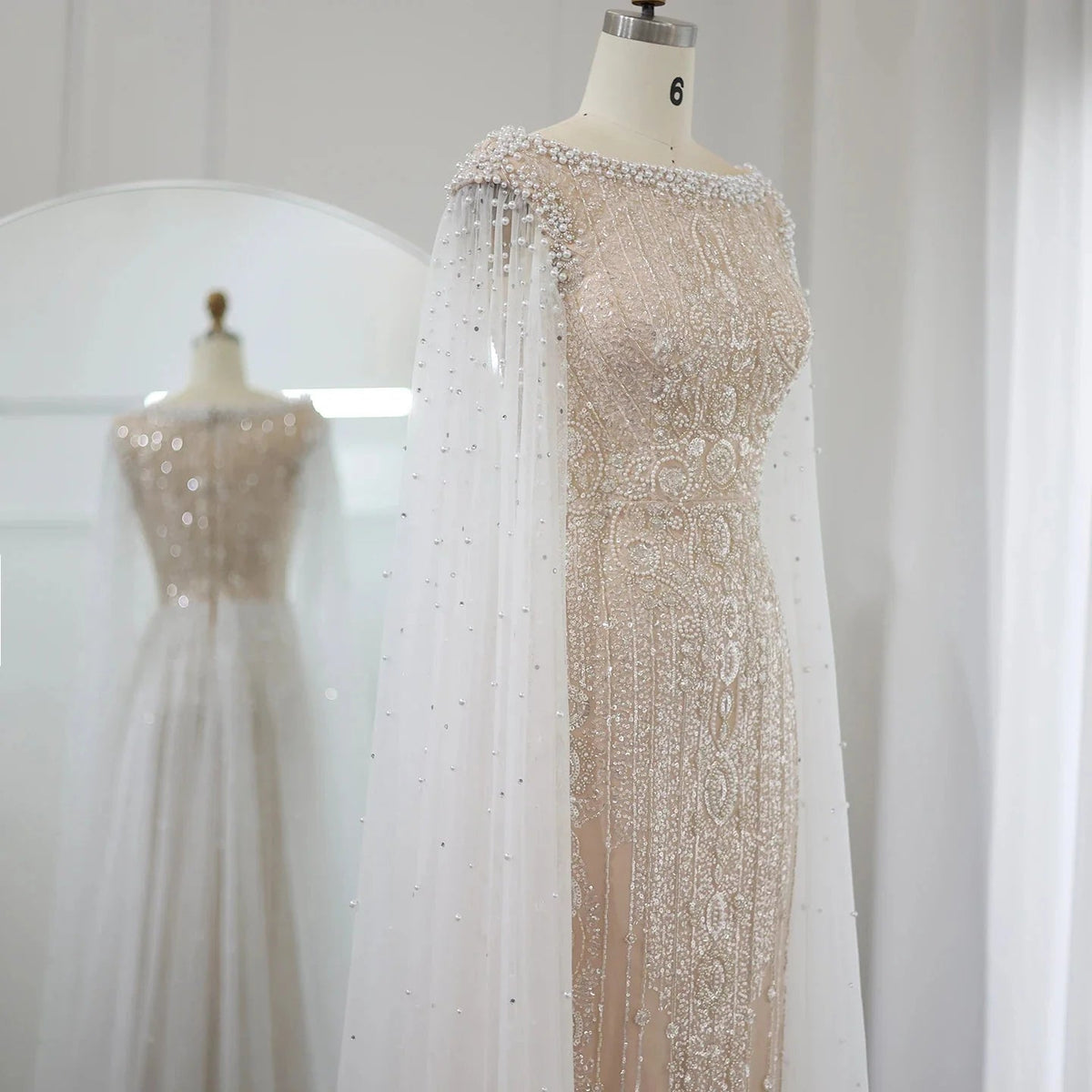 Luxury Dubai White Nude Mermaid Evening Dress with Cape Sleeves for Women Wedding Arabic Bridal Party Gowns SS458