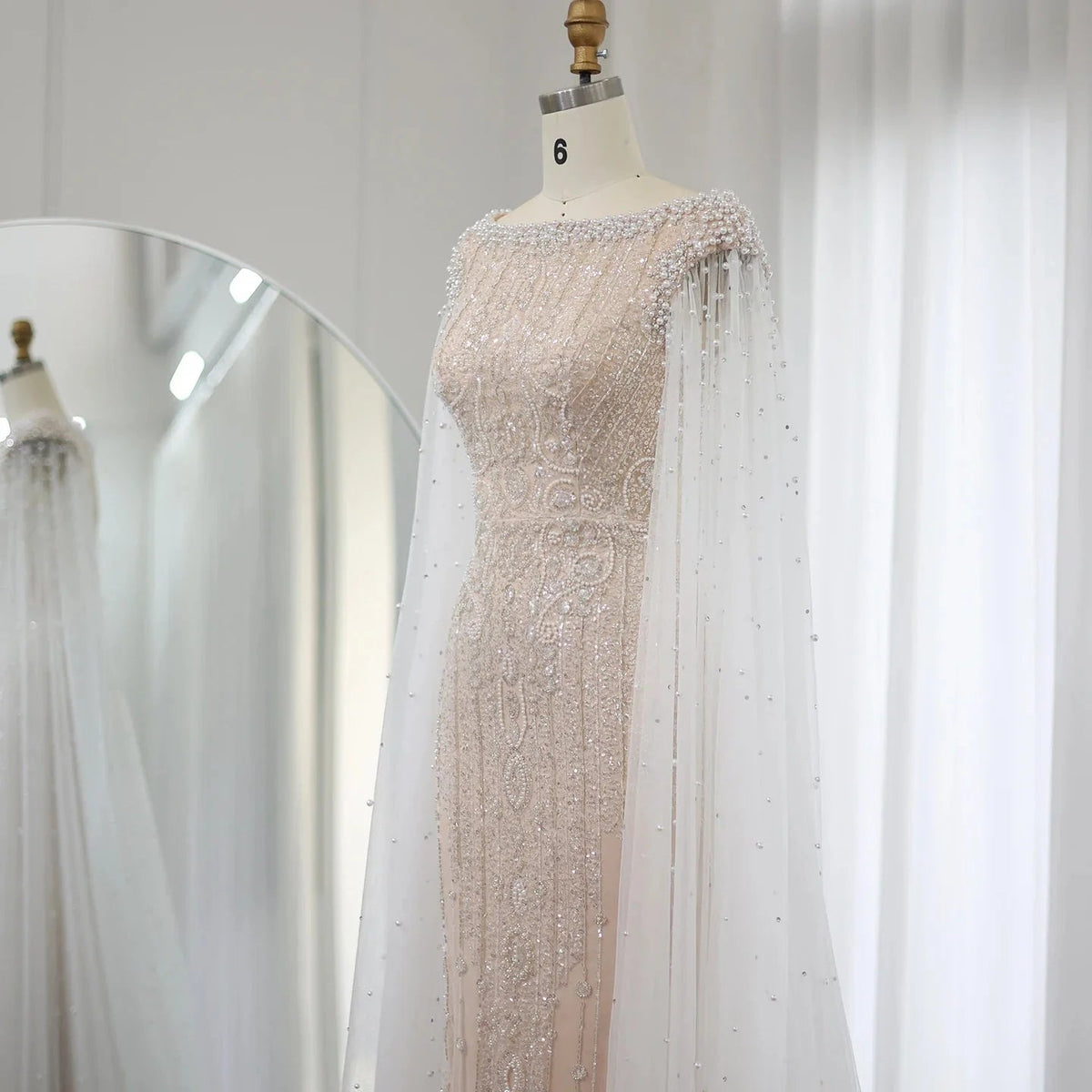 Luxury Dubai White Nude Mermaid Evening Dress with Cape Sleeves for Women Wedding Arabic Bridal Party Gowns SS458