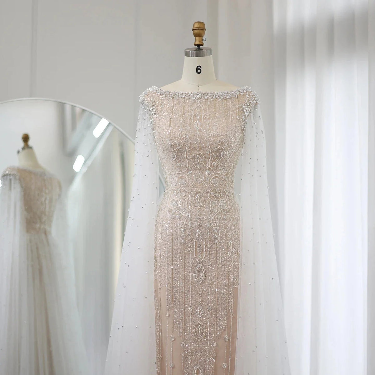 Luxury Dubai White Nude Mermaid Evening Dress with Cape Sleeves for Women Wedding Arabic Bridal Party Gowns SS458