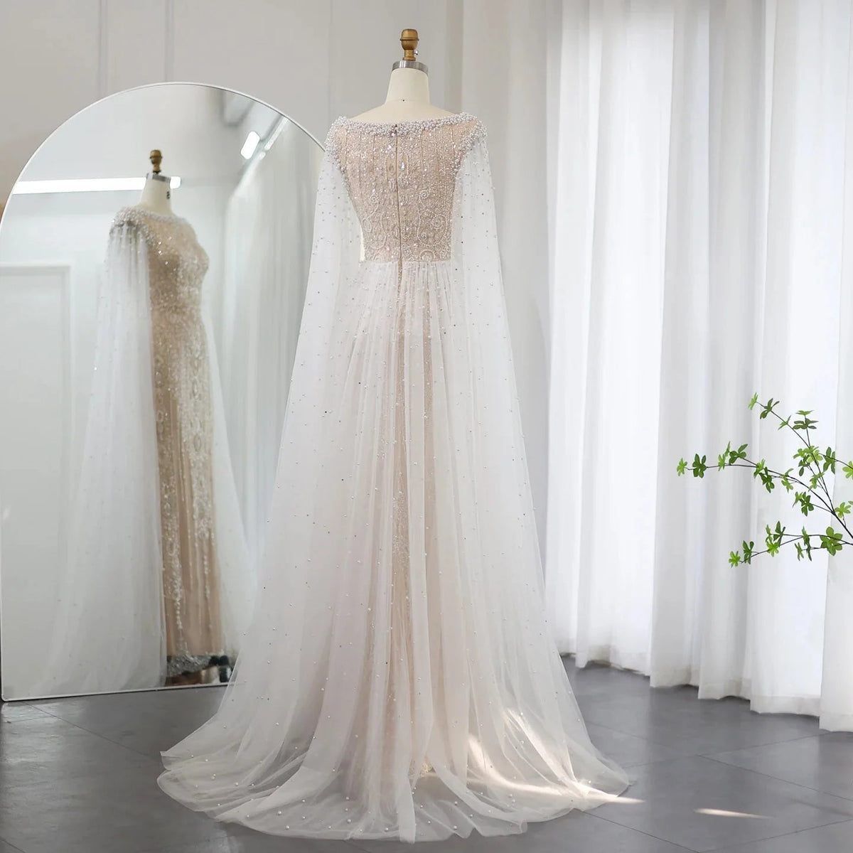 Luxury Dubai White Nude Mermaid Evening Dress with Cape Sleeves for Women Wedding Arabic Bridal Party Gowns SS458