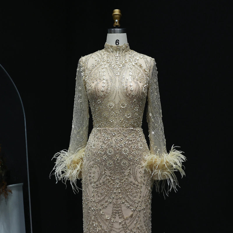 Luxury Feather Beaded Gold Mermaid Evening Dress SS079