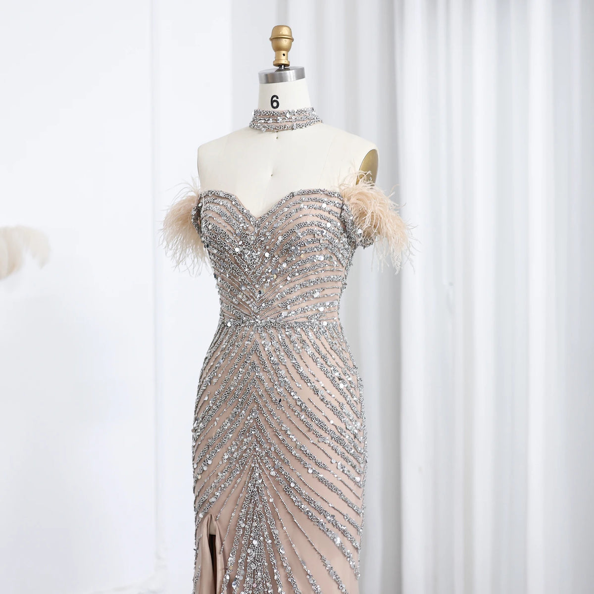 Luxury Feather Off Shoulder Evening Dress with Chocker SS167