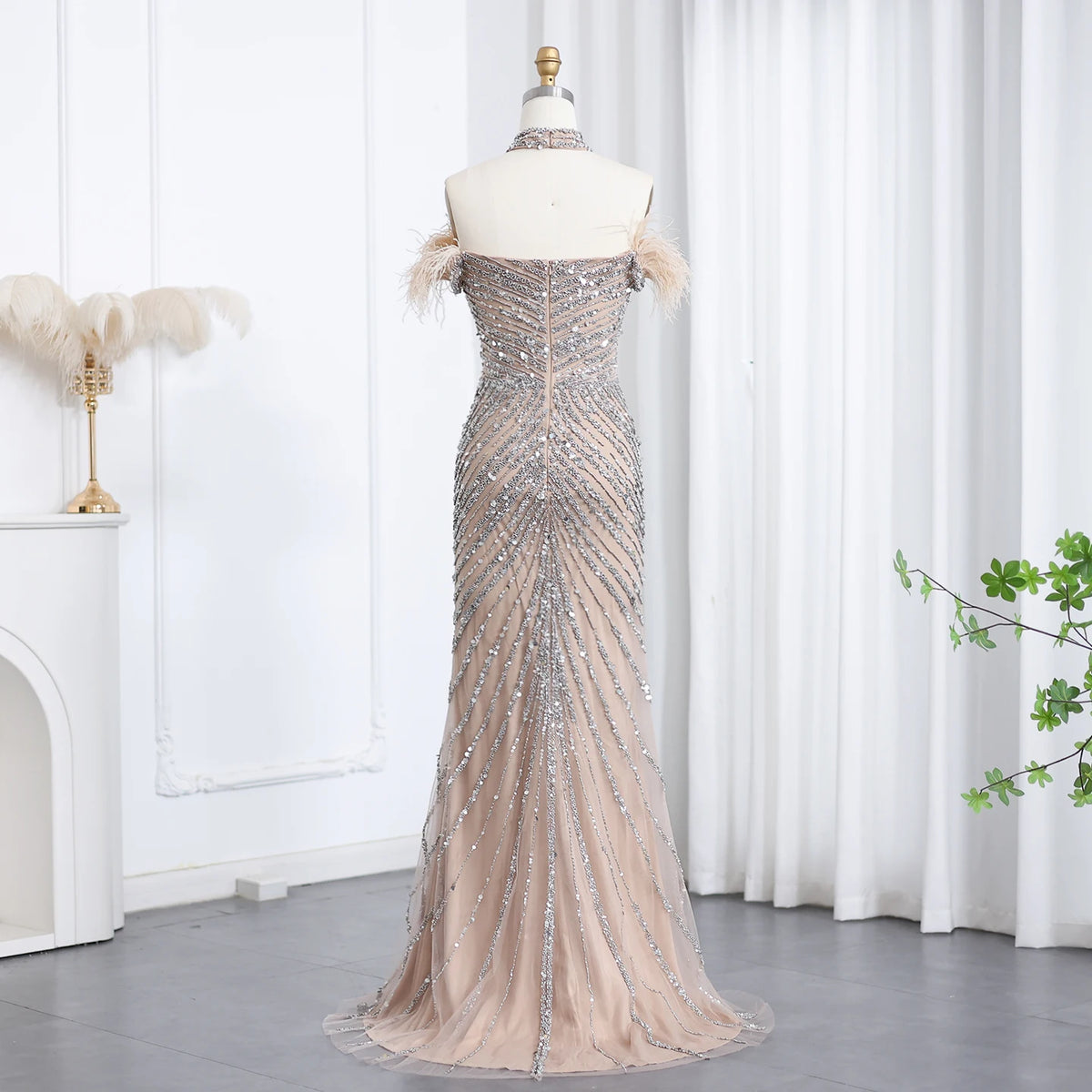Luxury Feather Off Shoulder Evening Dress with Chocker SS167