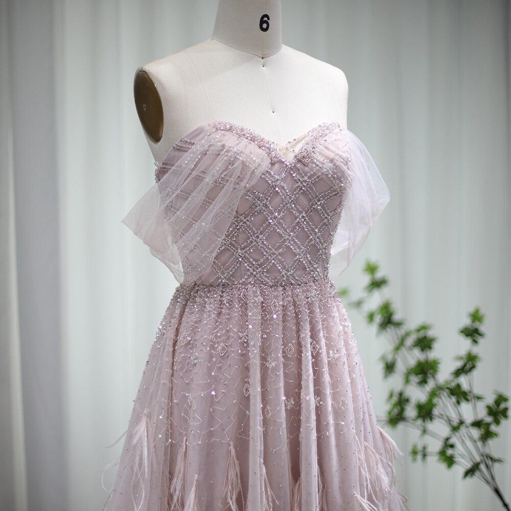 Luxury Feather Pink Dubai Evening Dresses Elegant Off Shoulder Beaded Champagne Formal Dress for Women Wedding SS278