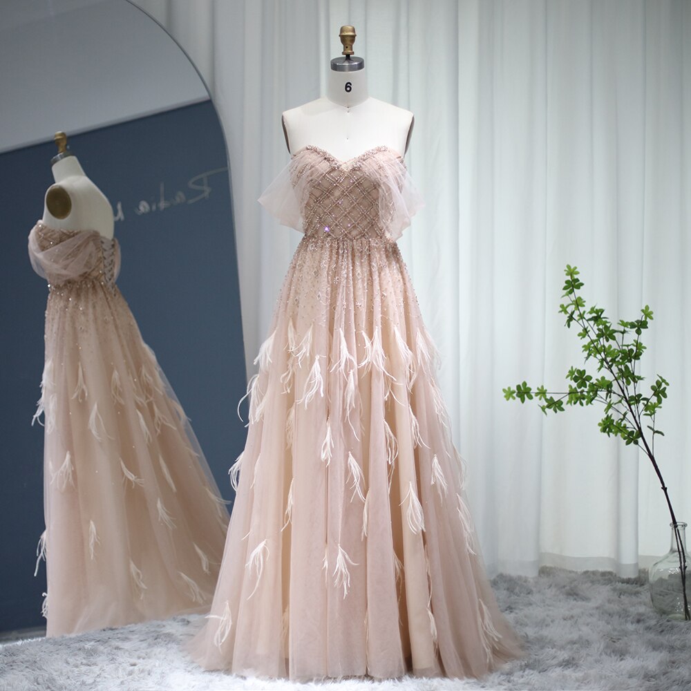 Luxury Feather Pink Dubai Evening Dresses Elegant Off Shoulder Beaded Champagne Formal Dress for Women Wedding SS278