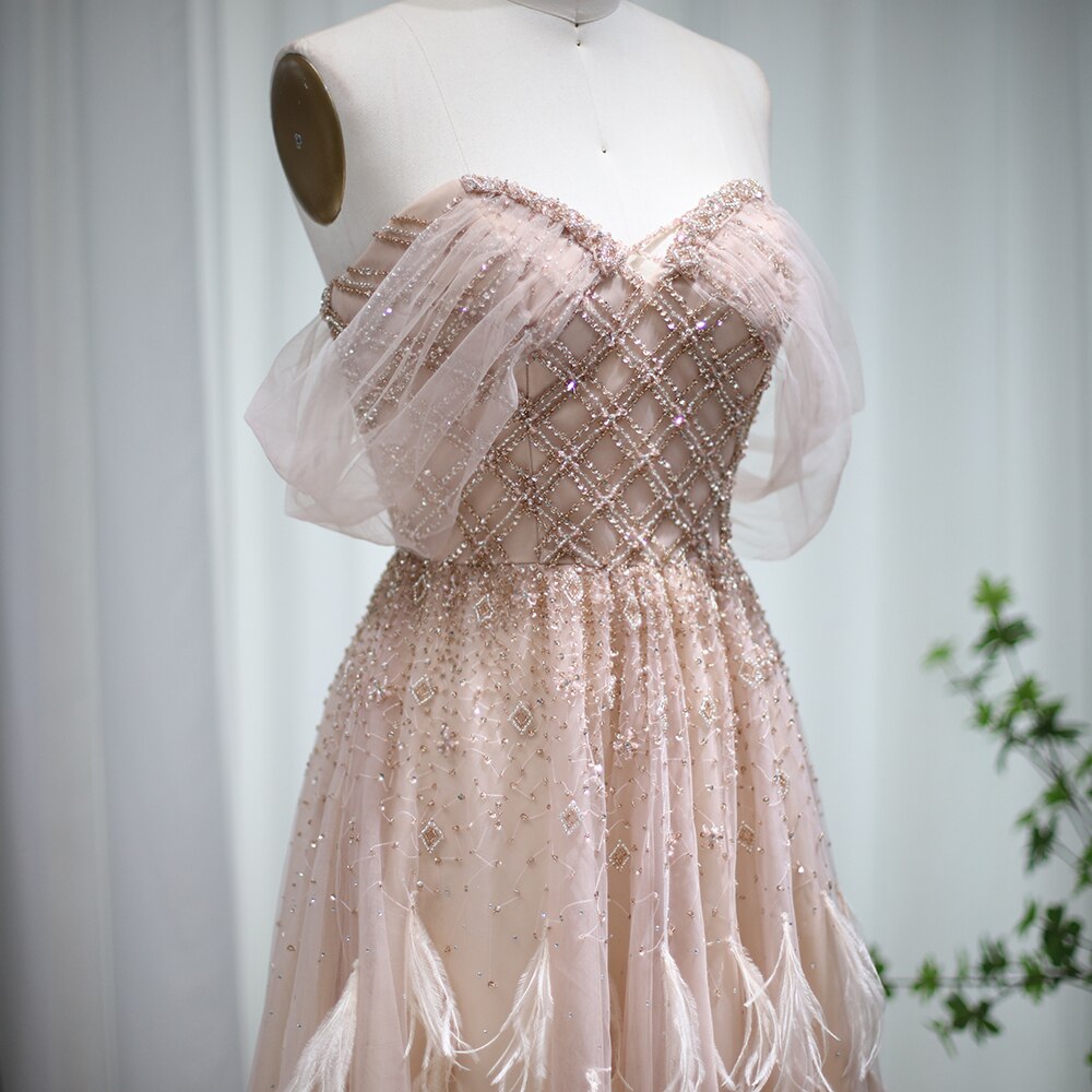 Luxury Feather Pink Dubai Evening Dresses Elegant Off Shoulder Beaded Champagne Formal Dress for Women Wedding SS278