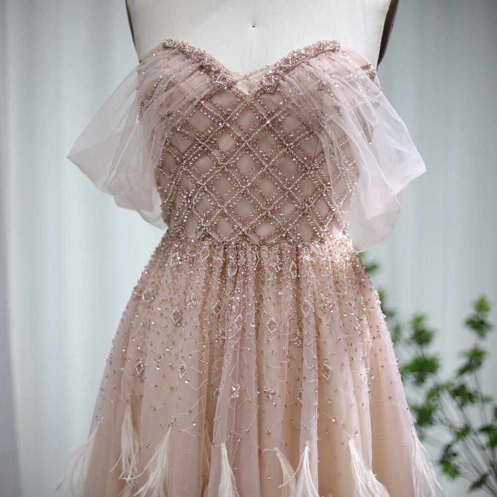 Luxury Feather Pink Dubai Evening Dresses Elegant Off Shoulder Beaded Champagne Formal Dress for Women Wedding SS278