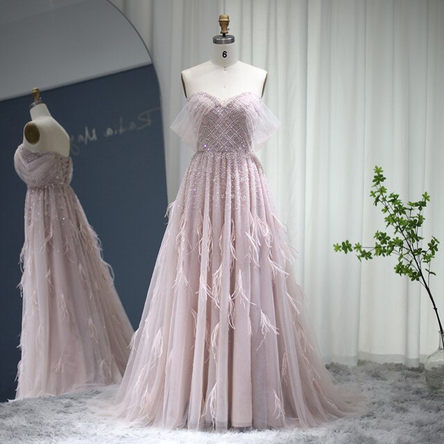 Luxury Feather Pink Dubai Evening Dresses Elegant Off Shoulder Beaded Champagne Formal Dress for Women Wedding SS278