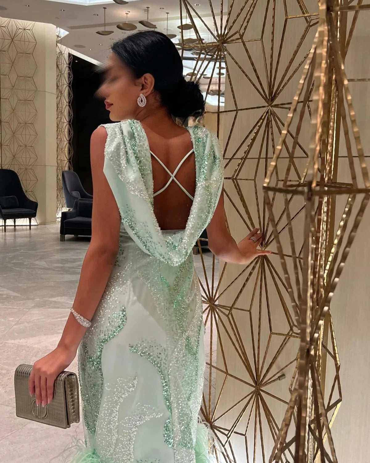 Luxury Feather Sage Green Arabic Evening Dresses Criss Cross Back Midi Formal Wedding Party Gowns SS436