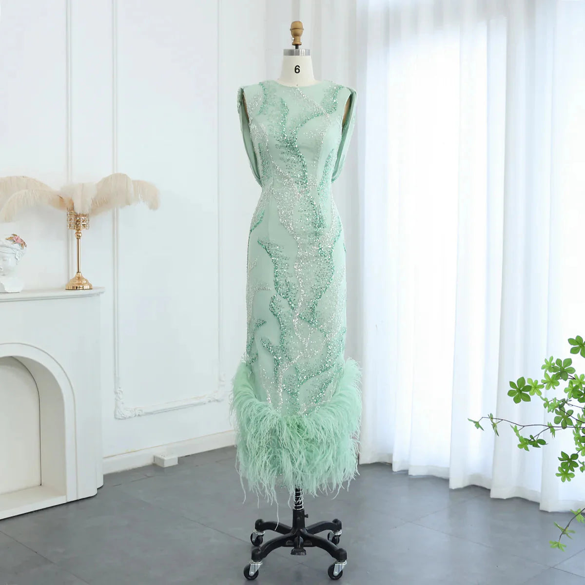 Luxury Feather Sage Green Arabic Evening Dresses Criss Cross Back Midi Formal Wedding Party Gowns SS436