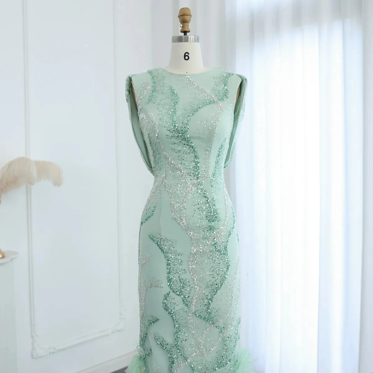 Luxury Feather Sage Green Arabic Evening Dresses Criss Cross Back Midi Formal Wedding Party Gowns SS436