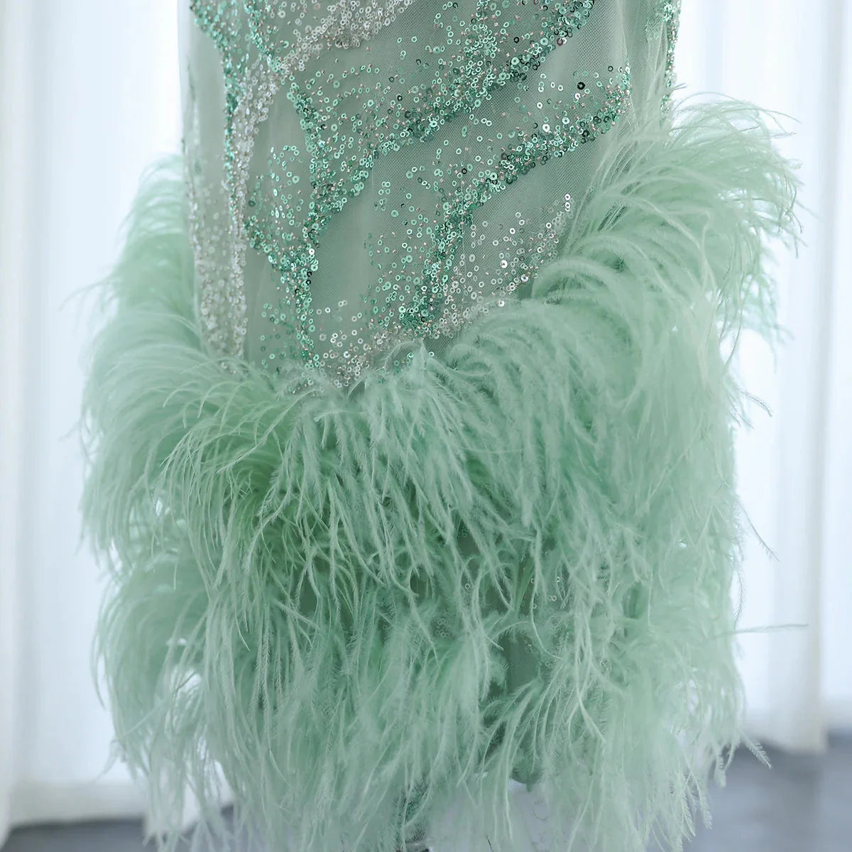 Luxury Feather Sage Green Arabic Evening Dresses Criss Cross Back Midi Formal Wedding Party Gowns SS436