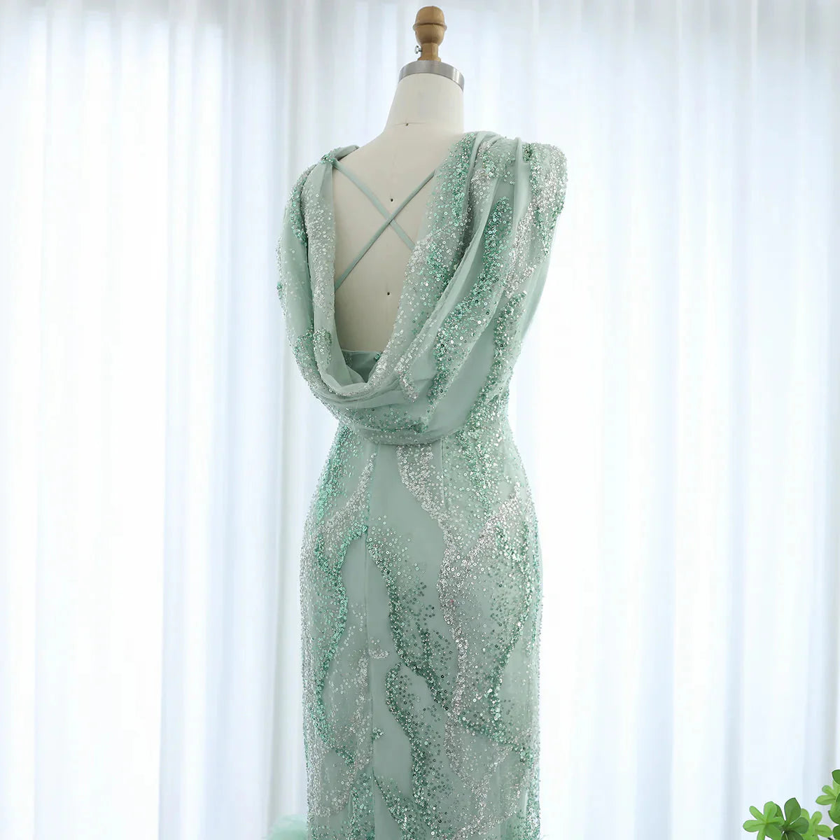 Luxury Feather Sage Green Arabic Evening Dresses Criss Cross Back Midi Formal Wedding Party Gowns SS436