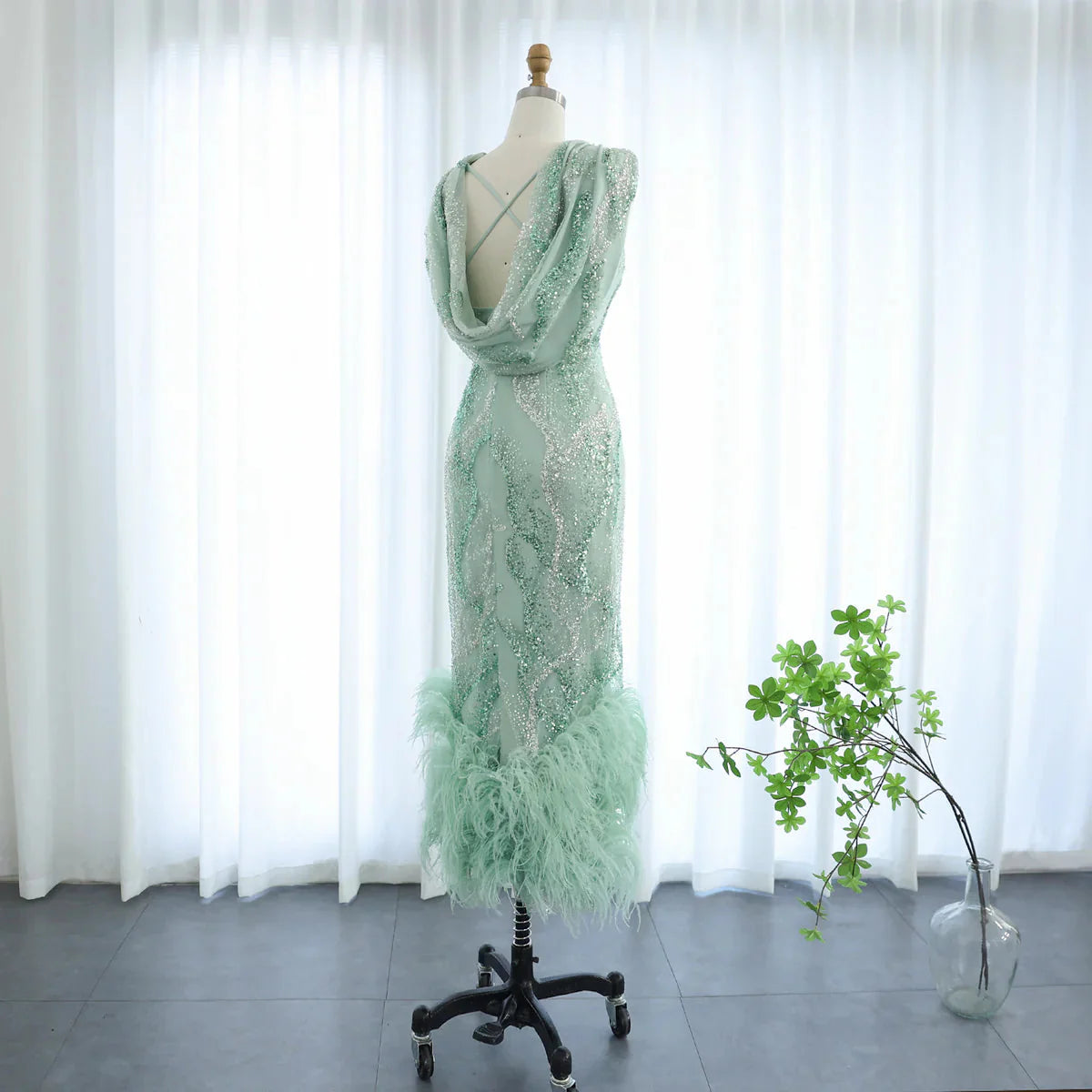 Luxury Feather Sage Green Arabic Evening Dresses Criss Cross Back Midi Formal Wedding Party Gowns SS436
