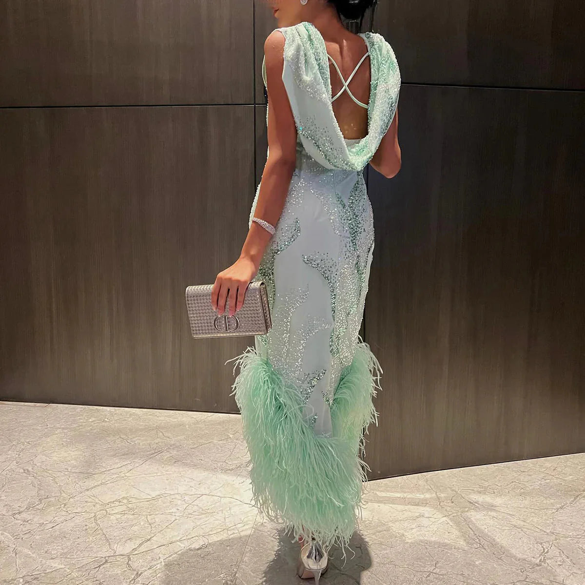 Luxury Feather Sage Green Arabic Evening Dresses Criss Cross Back Midi Formal Wedding Party Gowns SS436