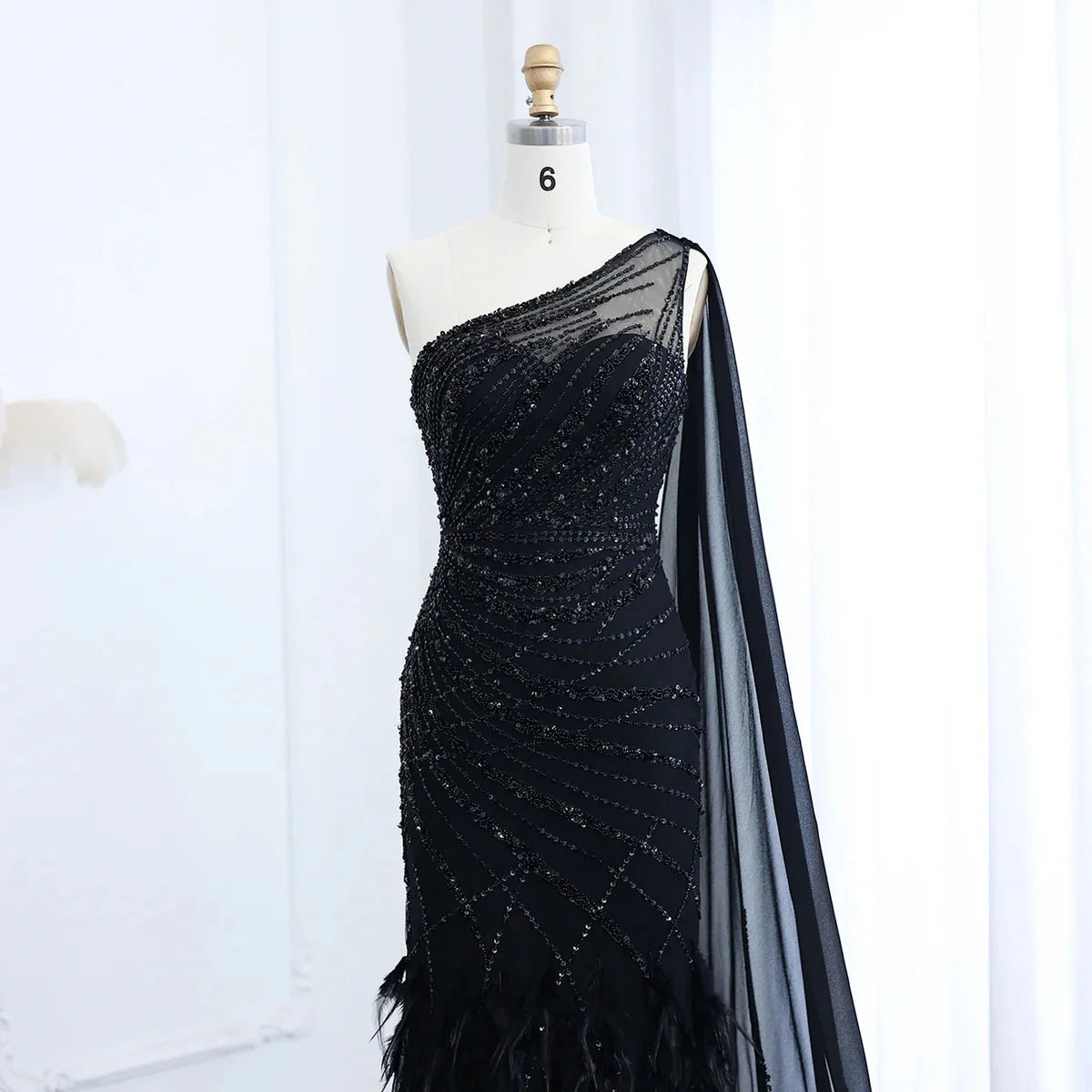 Luxury Feather Turquoise Aqua One Shoulder Mermaid Evening Dress with Cape SS498