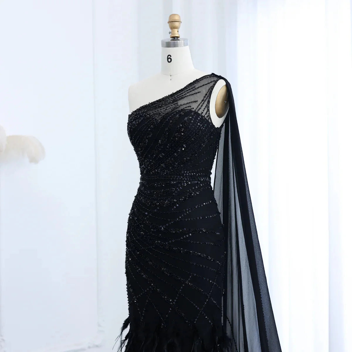 Luxury Feather Turquoise Aqua One Shoulder Mermaid Evening Dress with Cape SS498