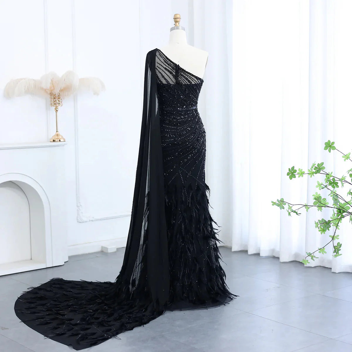 Luxury Feather Turquoise Aqua One Shoulder Mermaid Evening Dress with Cape SS498