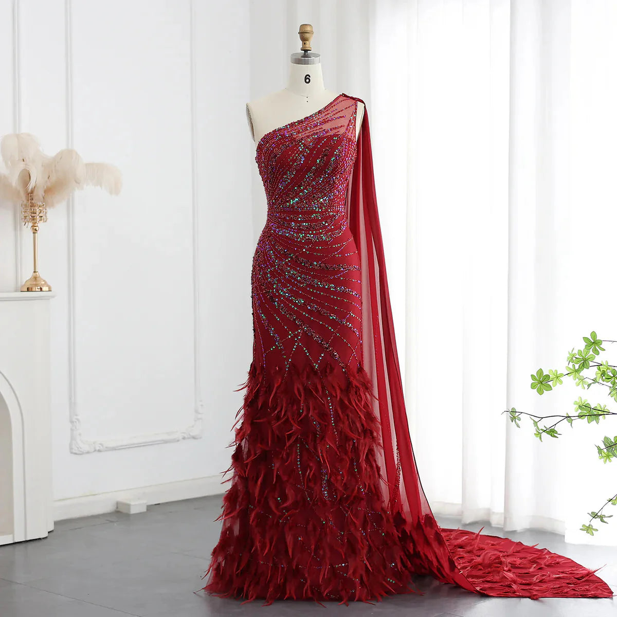 Luxury Feather Turquoise Aqua One Shoulder Mermaid Evening Dress with Cape SS498