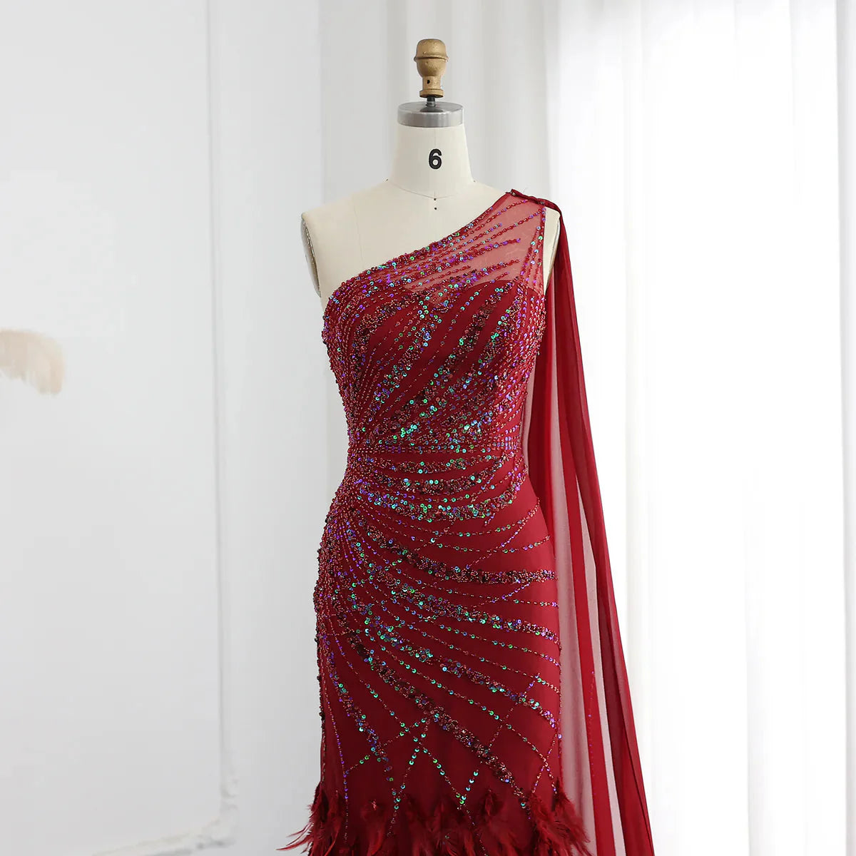 Luxury Feather Turquoise Aqua One Shoulder Mermaid Evening Dress with Cape SS498