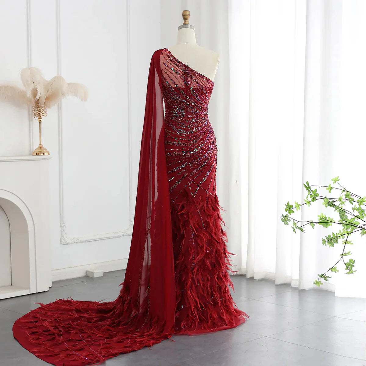 Luxury Feather Turquoise Aqua One Shoulder Mermaid Evening Dress with Cape SS498