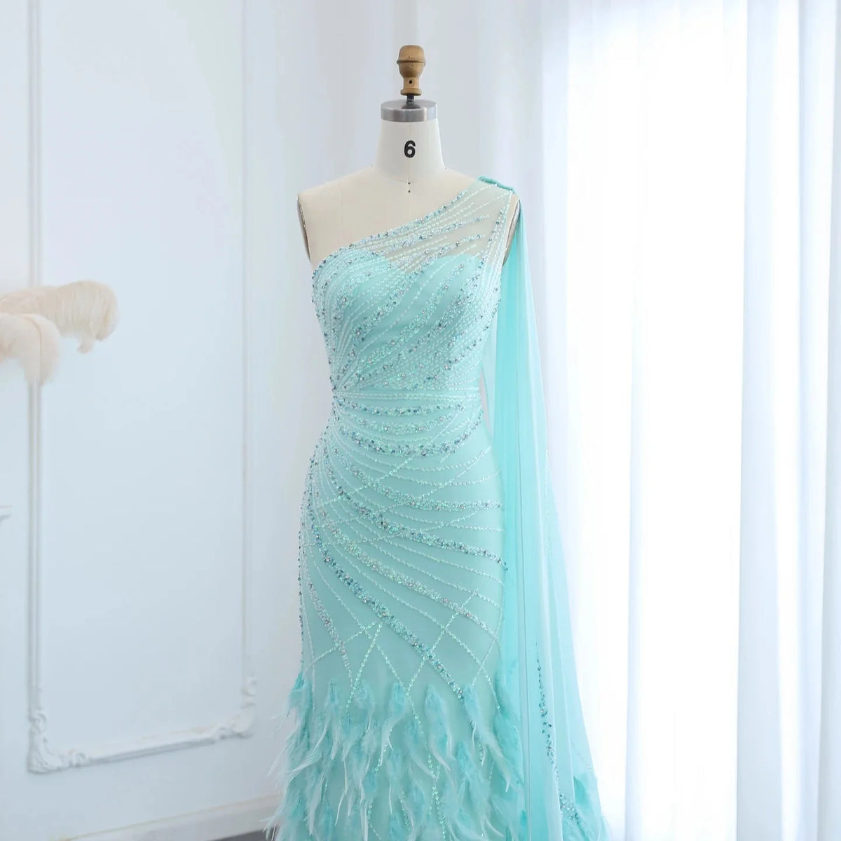 Luxury Feather Turquoise Aqua One Shoulder Mermaid Evening Dress with Cape SS498