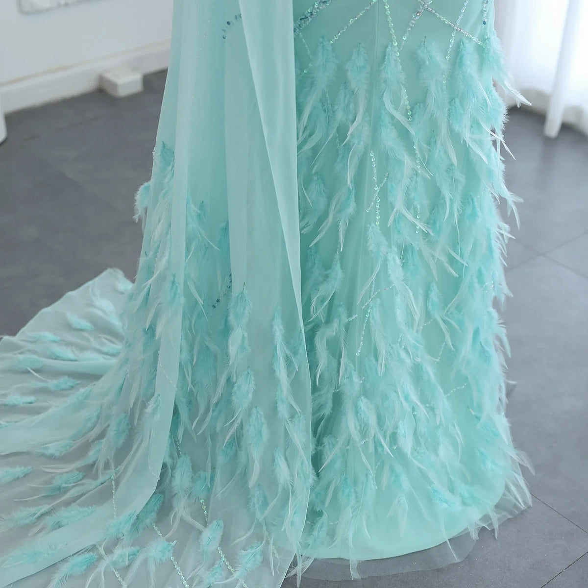 Luxury Feather Turquoise Aqua One Shoulder Mermaid Evening Dress with Cape SS498