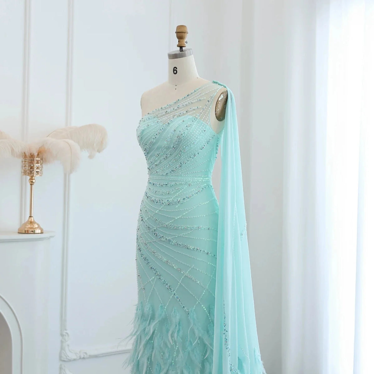 Luxury Feather Turquoise Aqua One Shoulder Mermaid Evening Dress with Cape SS498