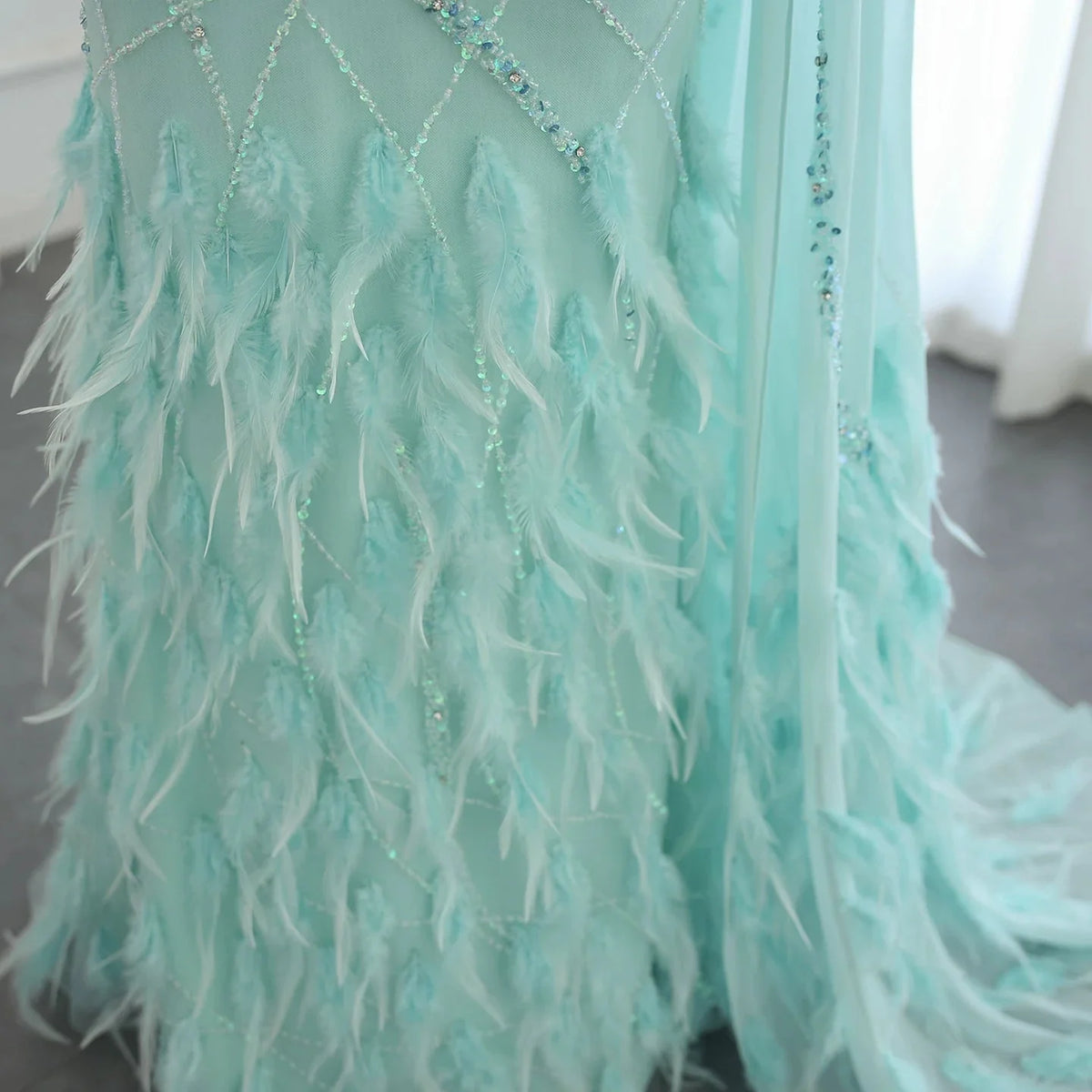 Luxury Feather Turquoise Aqua One Shoulder Mermaid Evening Dress with Cape SS498