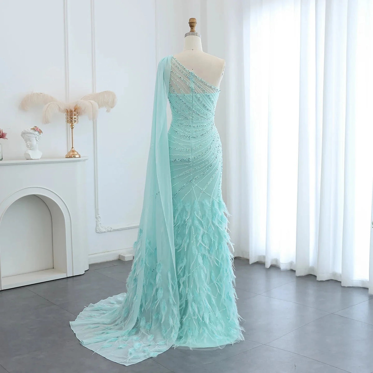 Luxury Feather Turquoise Aqua One Shoulder Mermaid Evening Dress with Cape SS498