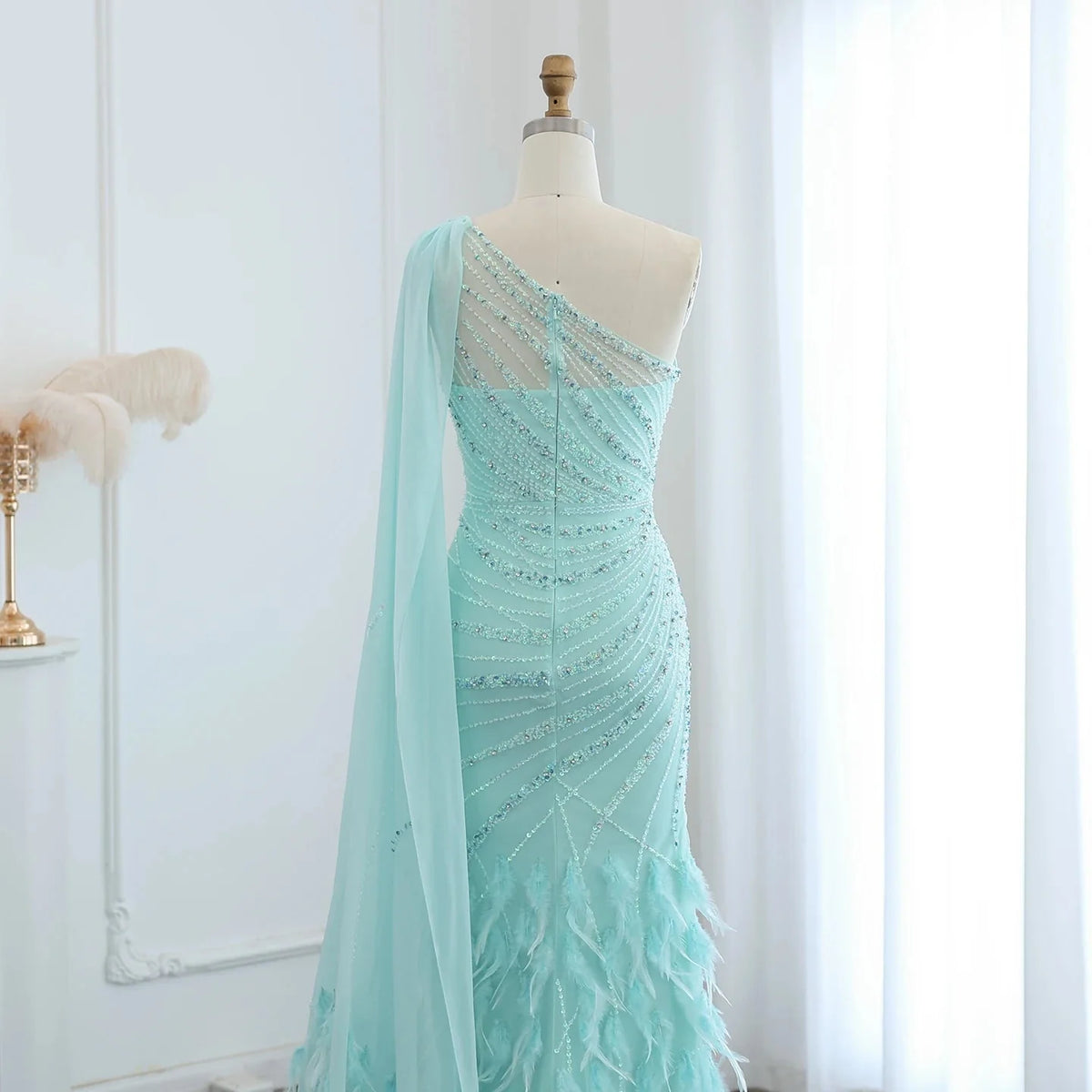 Luxury Feather Turquoise Aqua One Shoulder Mermaid Evening Dress with Cape SS498