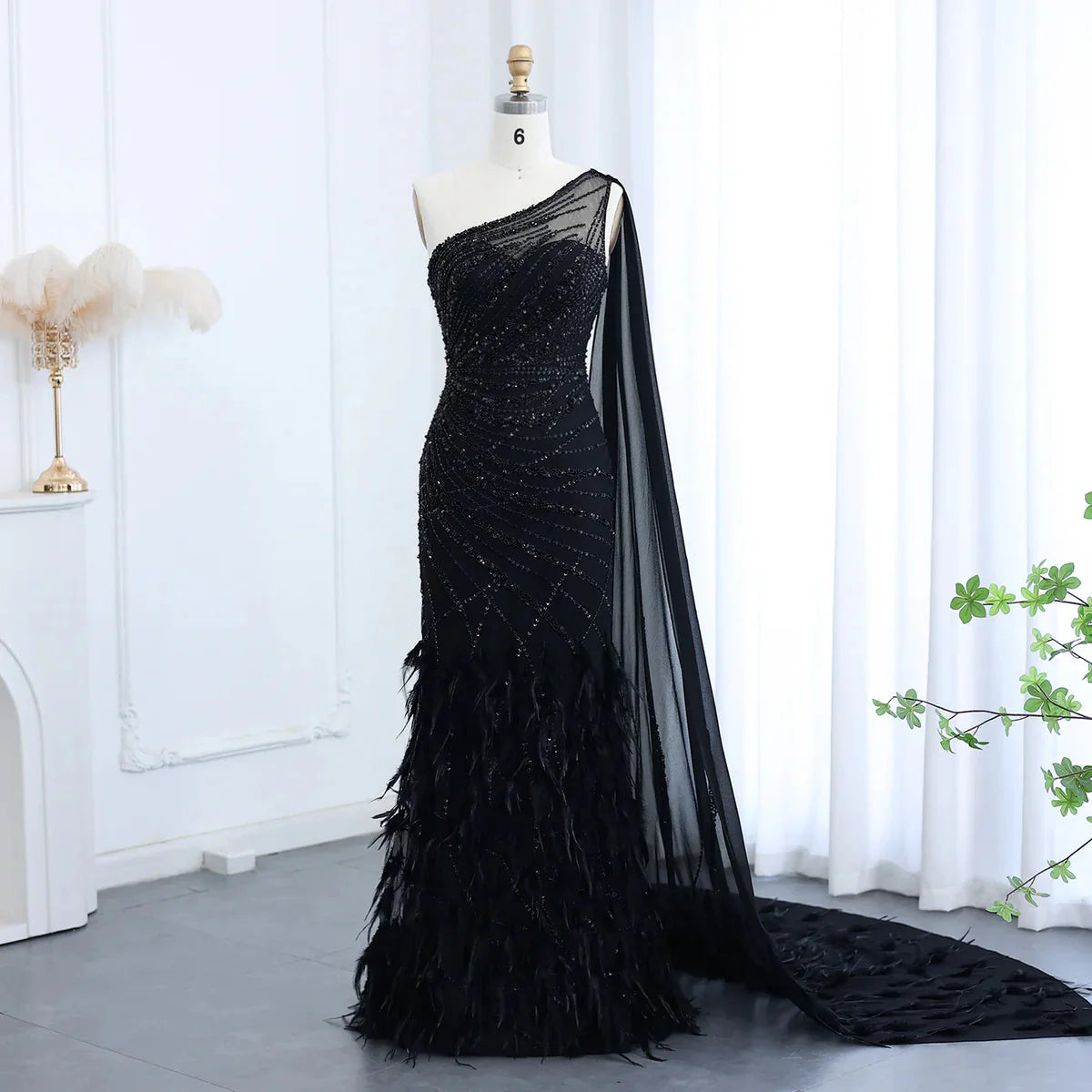 Luxury Feather Turquoise Aqua One Shoulder Mermaid Evening Dress with Cape SS498