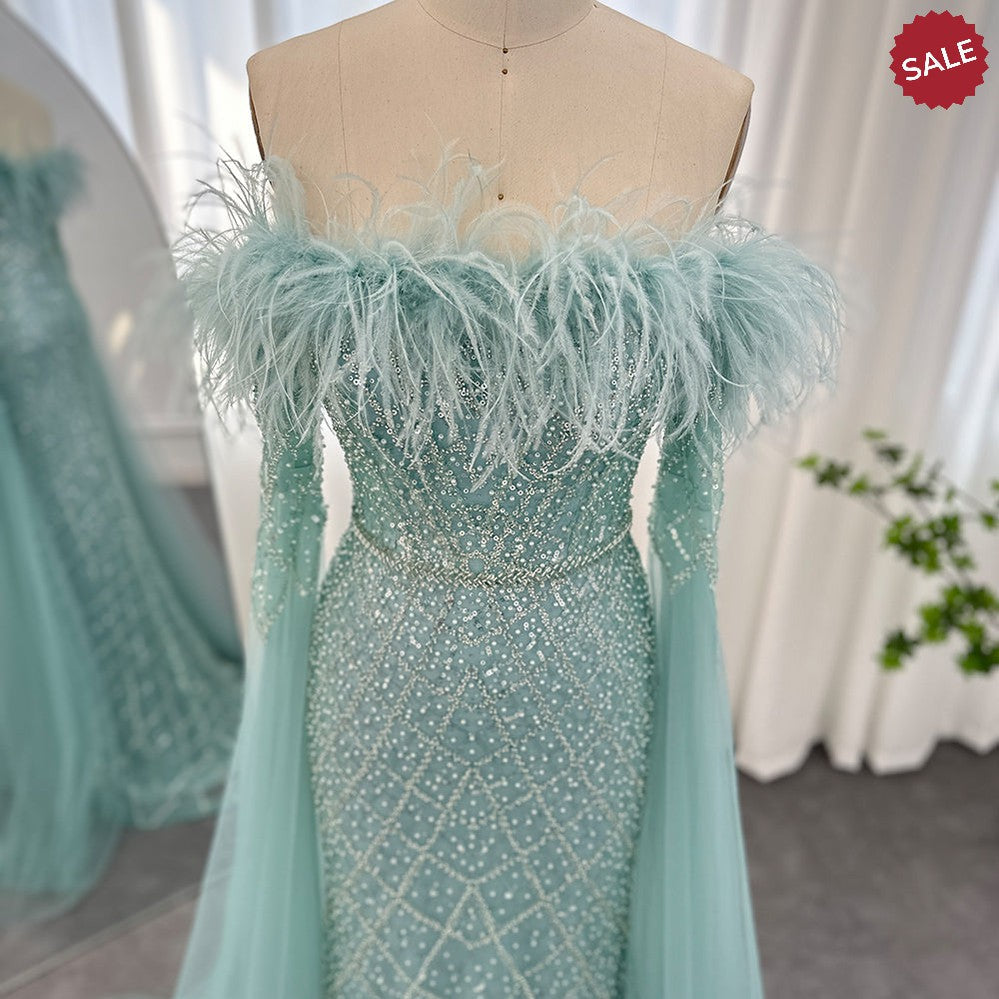 Luxury Feather Turquoise Dubai Evening Dress with Cape Sleeves Lilac Arabic Women Wedding Party Prom Gown SS261