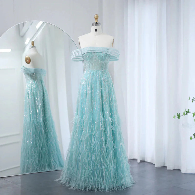 Luxury Feathers Aqua Green Evening Dresses Elegant Off Shoulder Beyonce Celebrity Prom Party Dress for Wedding SS435