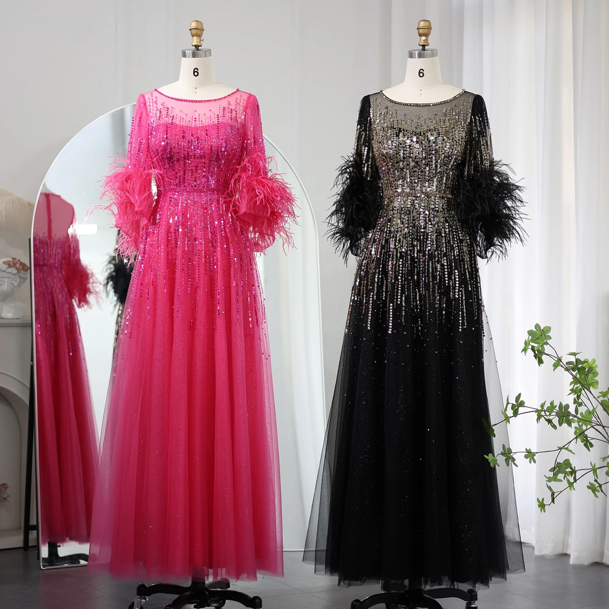 Luxury Feathers Black Dubai Evening Dresses for Women Elegant Fuchsia Arabic Half Sleeve Wedding Party Dress SS339