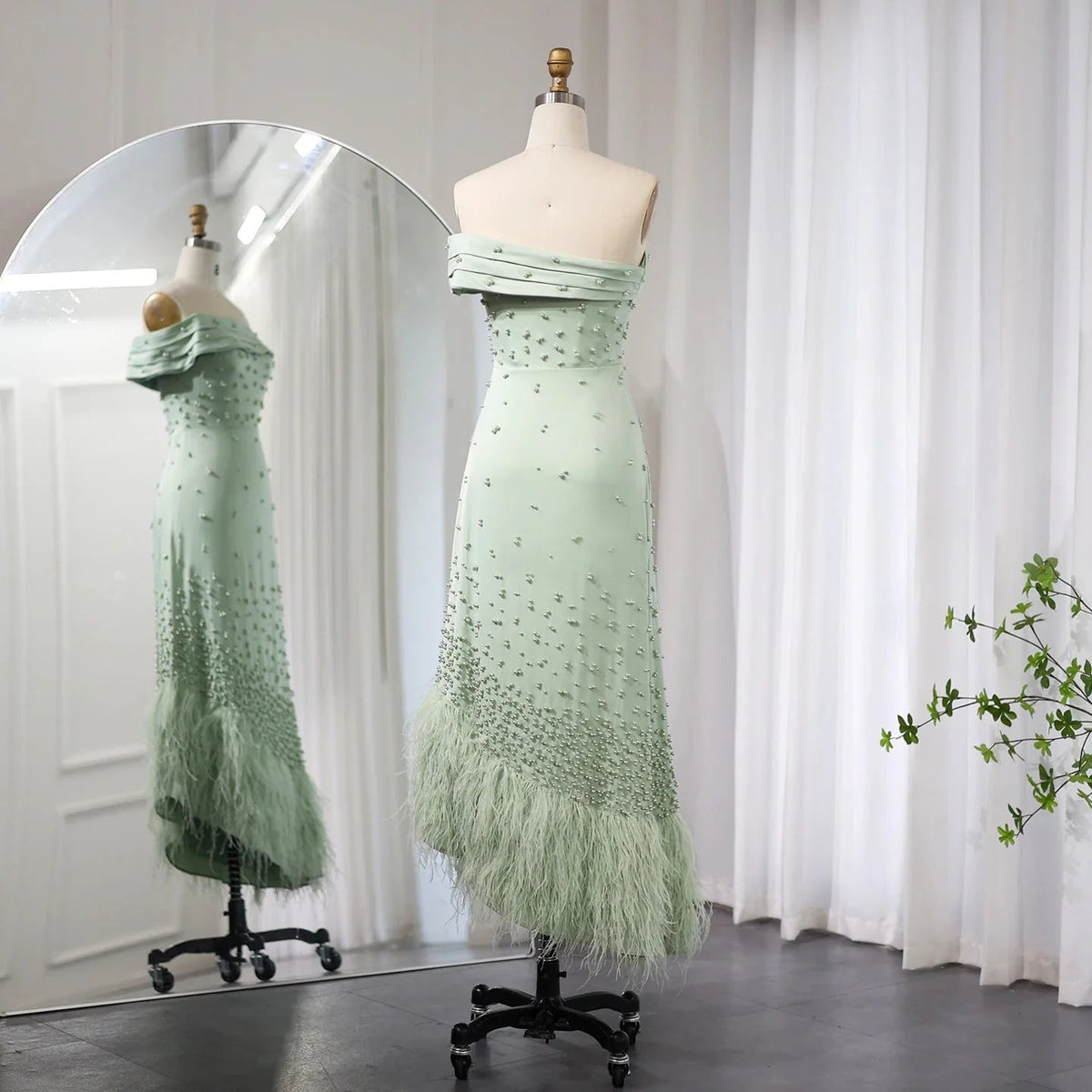 Luxury Feathers Dubai Pink Mermaid Evening Dress for Women Wedding Sage Green One Shoulder Arabic Party Gowns SS388