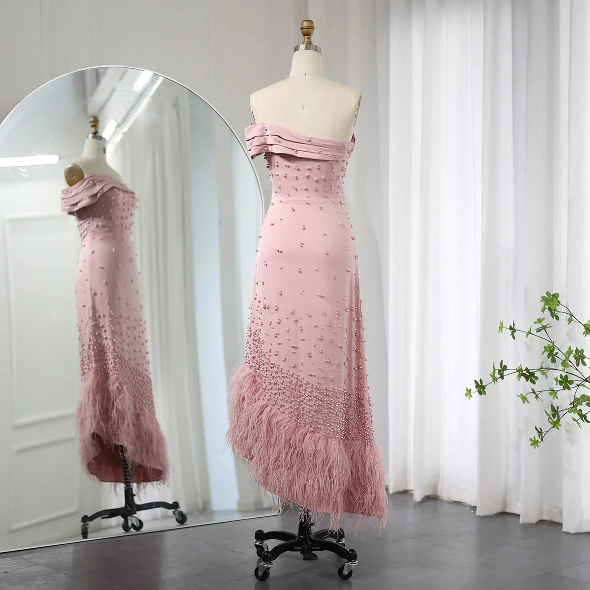 Luxury Feathers Dubai Pink Mermaid Evening Dress for Women Wedding Sage Green One Shoulder Arabic Party Gowns SS388