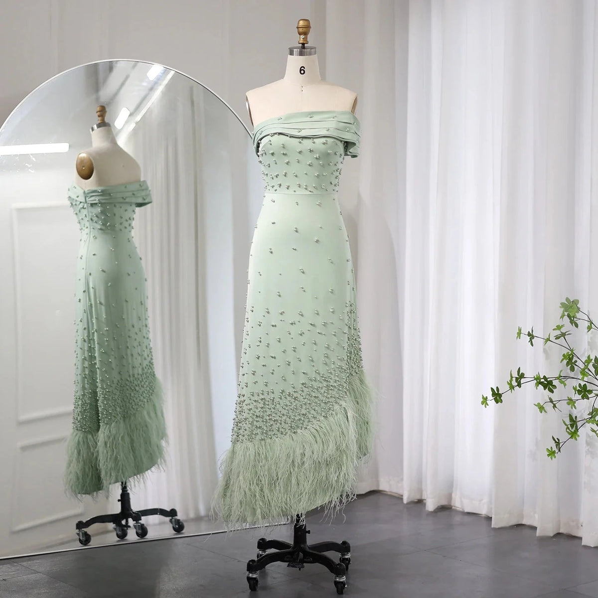 Luxury Feathers Dubai Pink Mermaid Evening Dress for Women Wedding Sage Green One Shoulder Arabic Party Gowns SS388