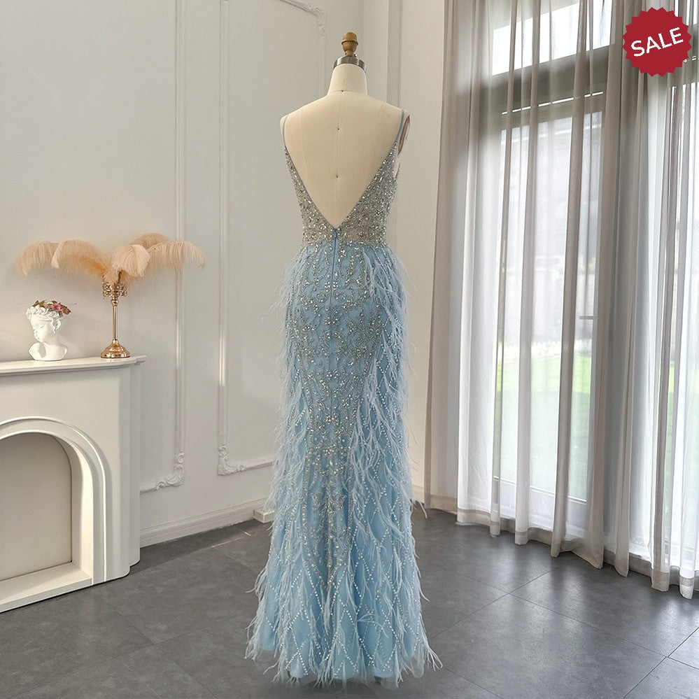 Luxury Feathers Mermaid Champagne Evening Dresses for Women Wedding Spaghetti Straps Prom Formal Gowns SS374