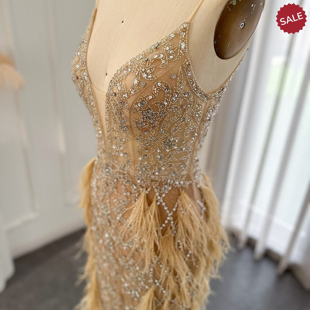 Luxury Feathers Mermaid Champagne Evening Dresses for Women Wedding Spaghetti Straps Prom Formal Gowns SS374
