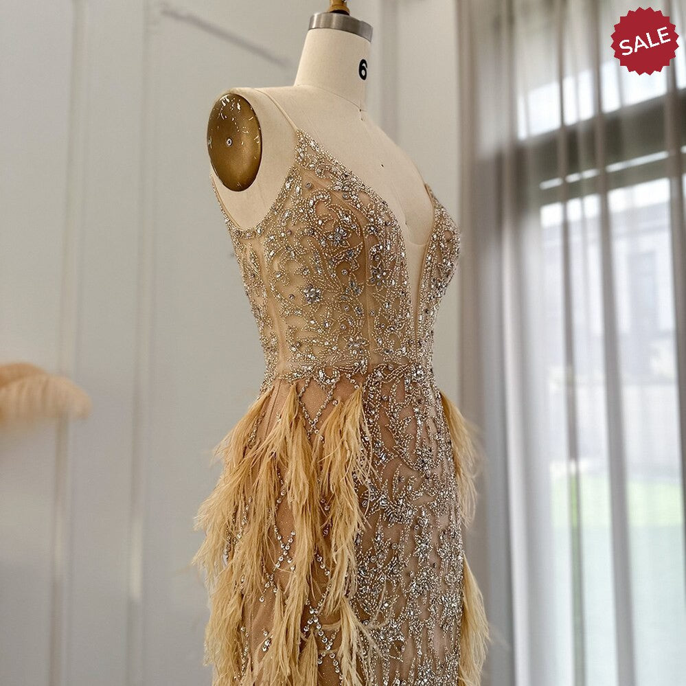 Luxury Feathers Mermaid Champagne Evening Dresses for Women Wedding Spaghetti Straps Prom Formal Gowns SS374