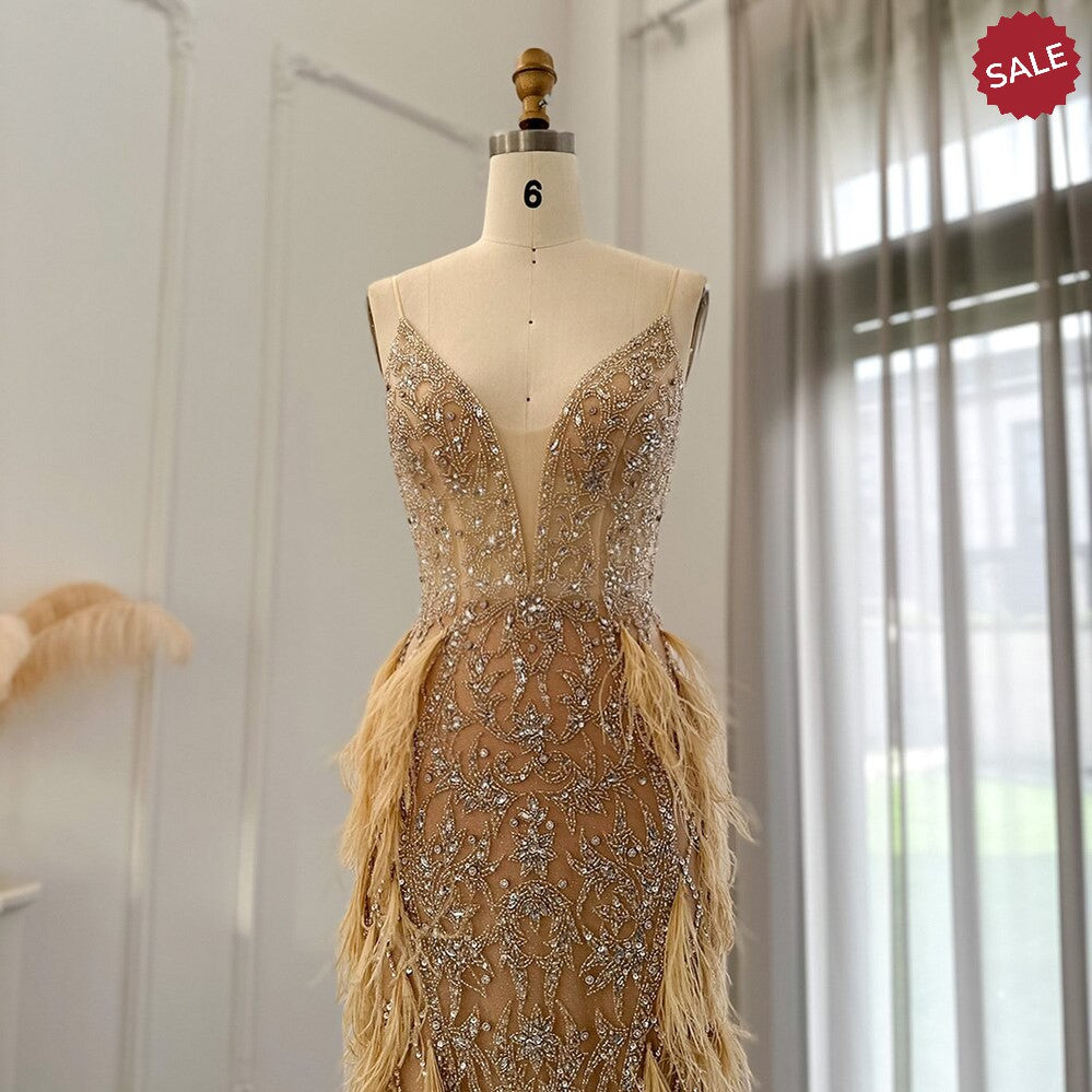 Luxury Feathers Mermaid Champagne Evening Dresses for Women Wedding Spaghetti Straps Prom Formal Gowns SS374