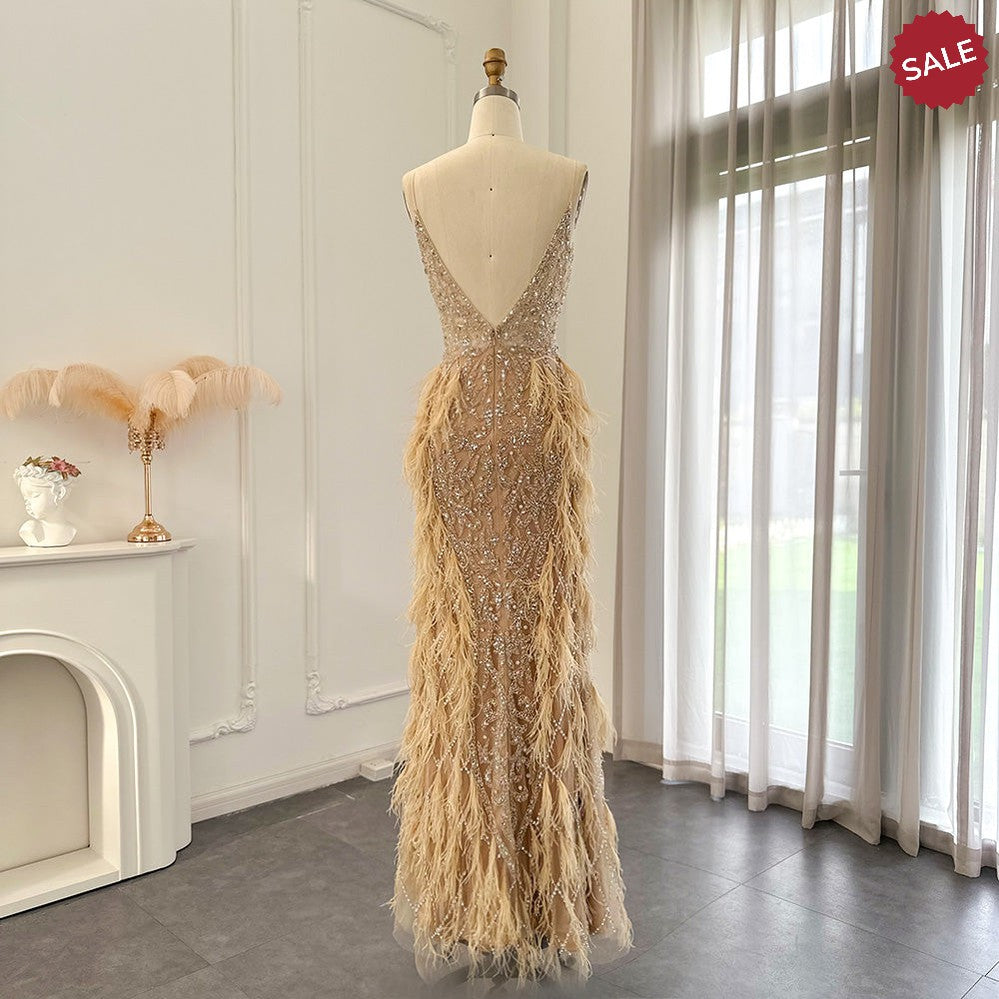 Luxury Feathers Mermaid Champagne Evening Dresses for Women Wedding Spaghetti Straps Prom Formal Gowns SS374